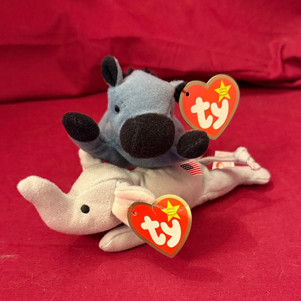 Miniature Ty Plush Elephant and Donkey Set - Gray and Blue - Picture 2 of 8